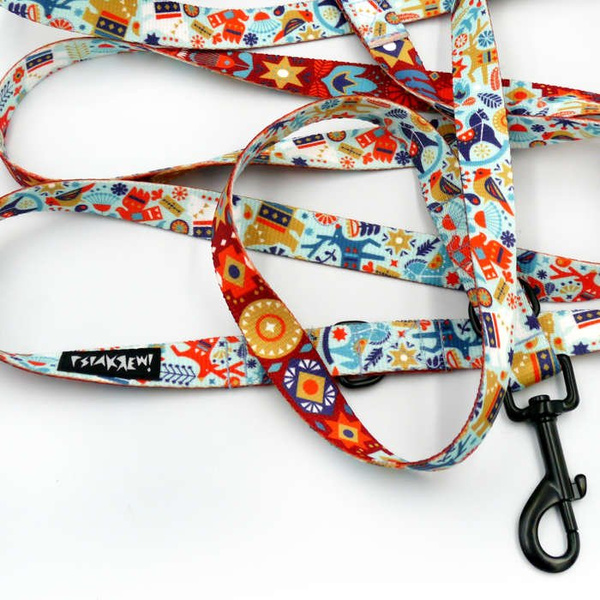 Long Dog Leash Winter Folk width 2 cm (0.78") wide, black snap hook 7 cm