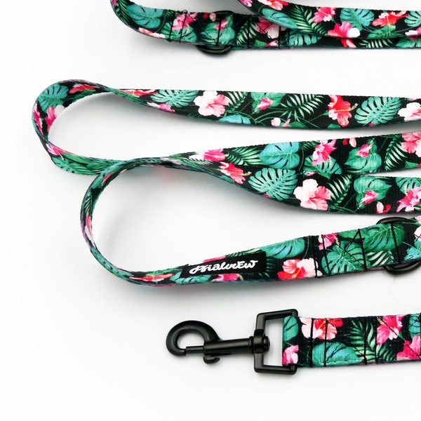 Dog Leash Tropical Monstera width 2.5 cm, 1" wide, snap hook black 6cm