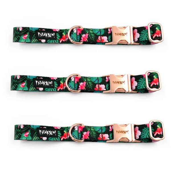 Dog Collar Psiakrew Tropical Monstera 2.5 cm, 1" wide, pink gold clip