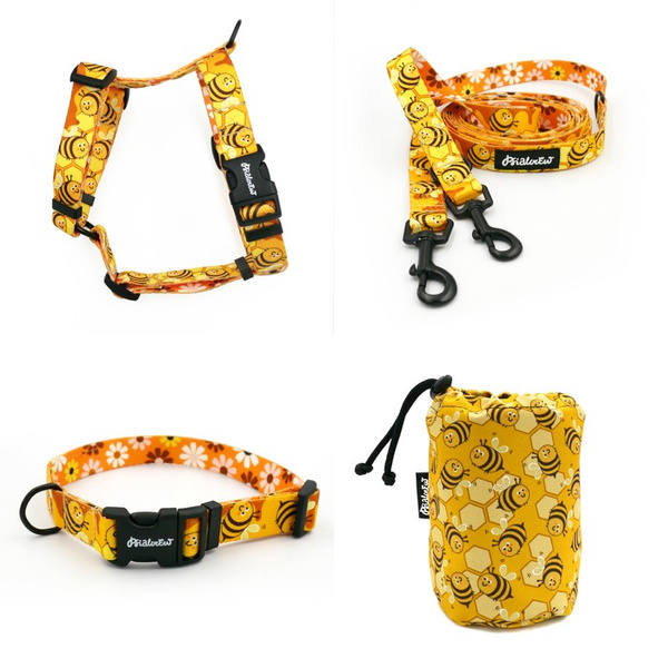 ZUBEHÖRSATZ für einen kleinen Hund Fleißige Bienen Psiakrew -Serie; Halsband, Geschirr, Leine, Sachet für Hundeleckerli