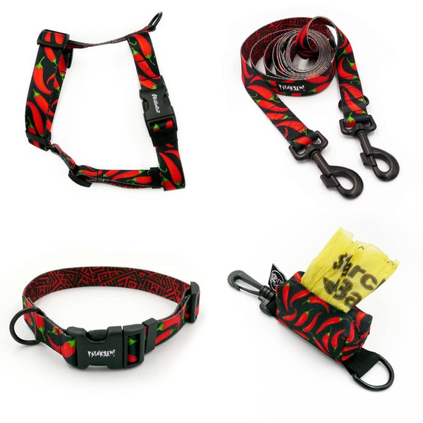 ACCESSORY KIT. Big dog. Red Hot Chili Psiakrew Series; Collar, Harness, Leash, Pouch for poop bags