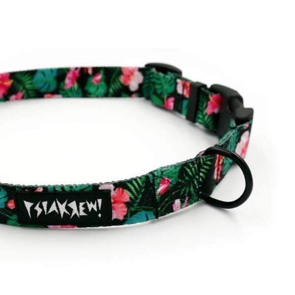 Dog Collar Psiakrew Tropical Monstera, 2 cm 0.78"  wide, for smaller dogs, black extras