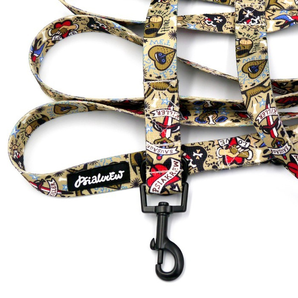 Hundeleine Dog Tattoo Flash Psiakrew, Breite 2,5 cm, Karabiner 6 cm schwarz