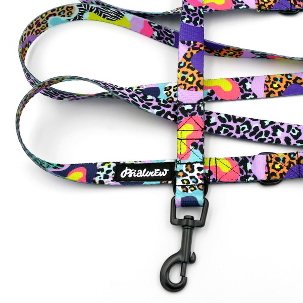 Smycz dla psa długa przepinana Crazy Leopard Psiakrew taśma 2 cm, czarny karabińczyk 6 cm