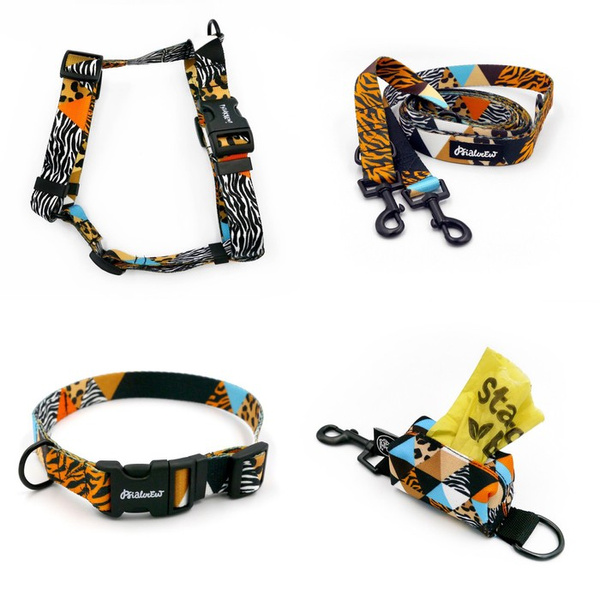 ZUBEHÖRSATZ. Mittlerer und großer Hund. Wild Animals Psiakrew - Serie; Halsband, Geschirr, Leine, Sachet für Hundeleckerli