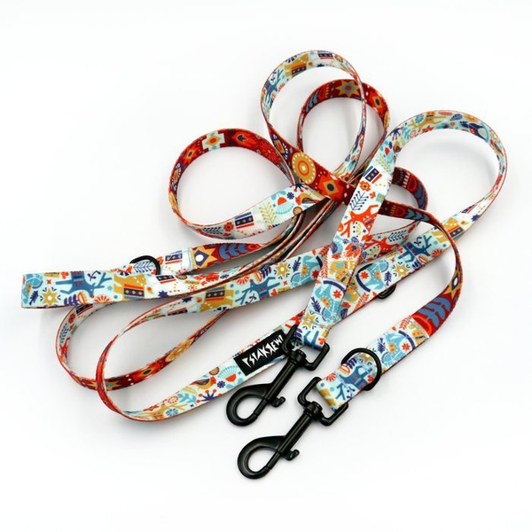 Long Dog Leash Winter Folk width 2 cm (0.78") wide, black snap hook 7 cm