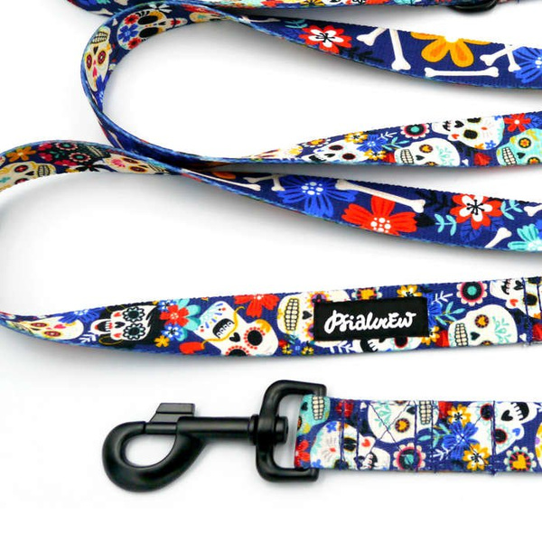 Dog Leash Día de los Muertos width 2.5 cm, 1" wide, snap hook black 8cm