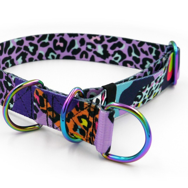 Crazy Leopard- Half-Clamp-Halsband, 3 cm breit, für mittlere und größere Hunde, holo Beschläge