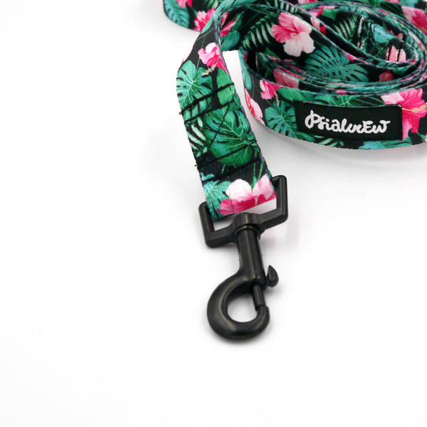Dog Leash Tropical Monstera width 2.5 cm, 1"  wide, black snap hook 6 cm