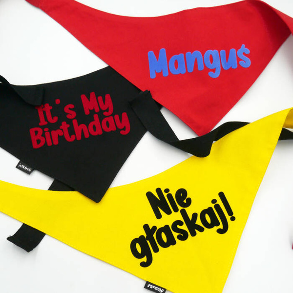Bandana IT'S MY BIRTHDAY Psiakrew, personalizowana wiązana chusteczka, czarna bandana apaszka