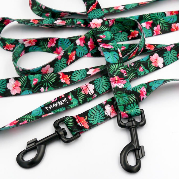 Dog Leash Tropical Monstera width 2.5 cm, 1" wide, black, big snap hook 8 cm