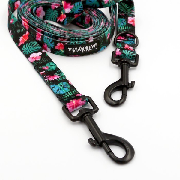 Dog Leash Tropical Monstera width 2.cm, (0.78") wide, black snap hook 7 cm