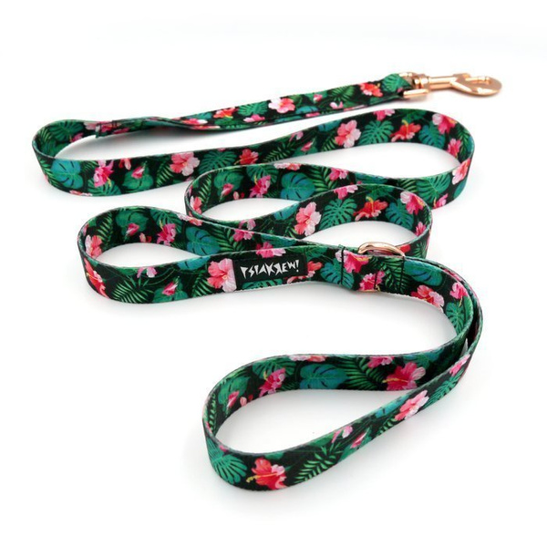 Dog Leash Tropical Monstera width 2.5 cm, 1" wide, big gold snap hook 8 cm