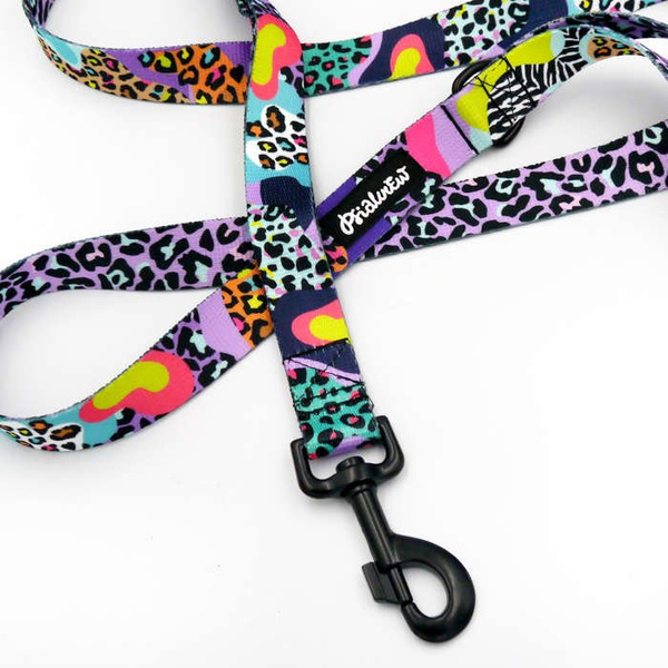 Smycz spacerowa miejska dla Psa Crazy Leopard, 2,5 cm, duży mocny czarny karabińczyk 8cm