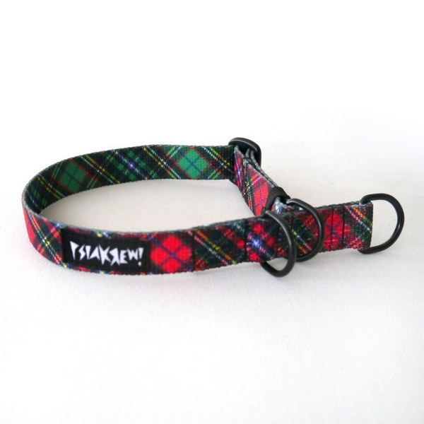 Obroża półzaciskowa w szkocką kratę Tartan szeroka na 2 cm, dla małych psów, czarne dodatki