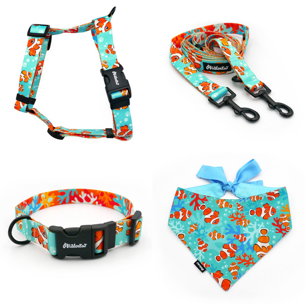 ACCESSORY KIT. Medium dog. Psiakrew Blue Lagoon Series; Collar, Harness, Leash, Bandana