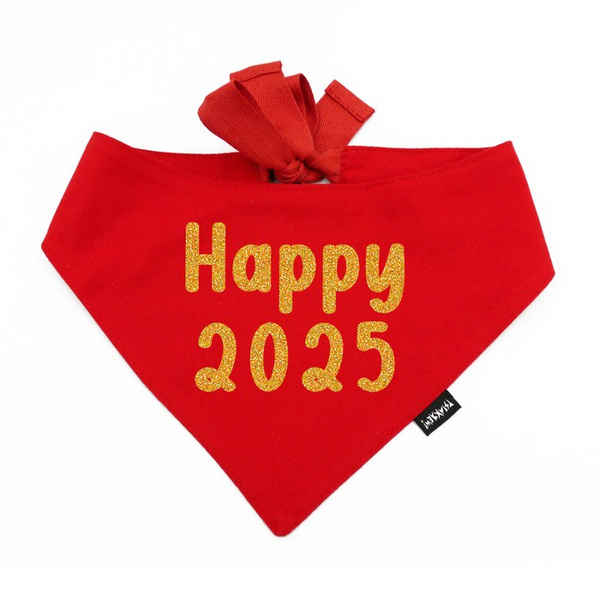 Czerwona Bandana z brokatowym złotym napisem Happy 2025 Psiakrew