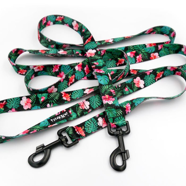 Dog Leash Tropical Monstera width 2.5 cm, 1"  wide, black, big snap hook 8 cm