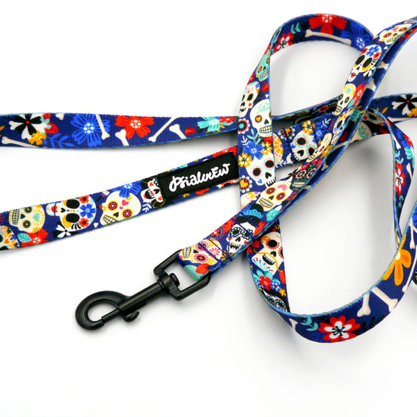Smycz spacerowa miejska dla Psa Día de los Muertos Psiakrew 2 cm czarny karabińczyk 6 cm