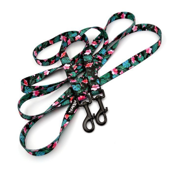 Dog Leash Tropical Monstera width 2.cm, (0.78") wide, black snap hook 7 cm
