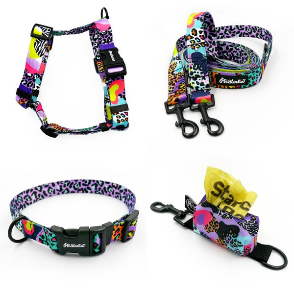 ZESTAW AKCESORIÓW. Pies średni. Seria Crazy Leopard Psiakrew; Obroża, Szelki, Smycz, Etui