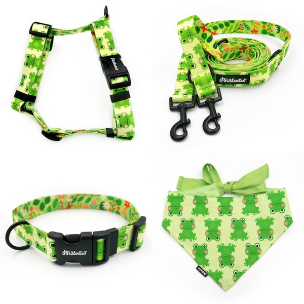 ZUBEHÖRSATZ. Mittlerer Hund. Psiakrew Green Frogs-Serie; Halsband, Geschirr, Leine, Bandana