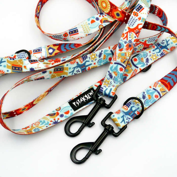Long Dog Leash Winter Folk width 2 cm (0.78") wide, black snap hook 7 cm