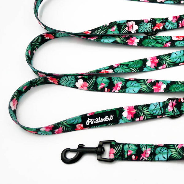 Long Dog Leash Tropical Monstera Psiakrew width 2 cm (0.78"), black snap hook 6 cm
