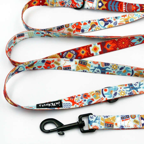 Long Dog Leash Winter Folk width 2 cm (0.78") wide, black snap hook 7 cm