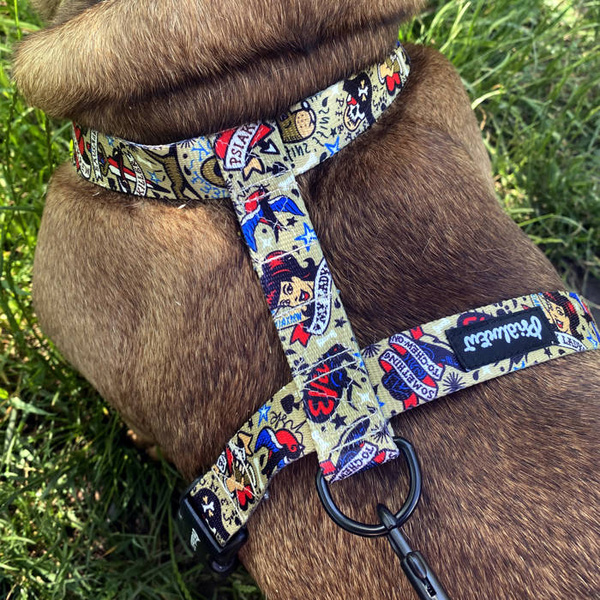 Hundegeschirr, Dog Tattoo Flash Psiakrew, mittlere und größere Hunde, 2,5 cm Gurtband, schwarze Beschläge