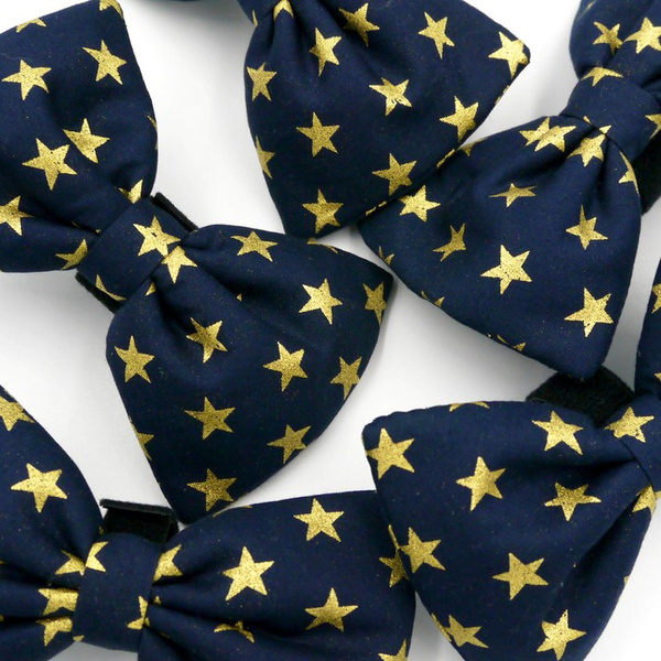 Dark Blue Dog Bow Tie, gift for dog, Gold Stars Pet Bow Tie, Bowtie, Collar Attachment
