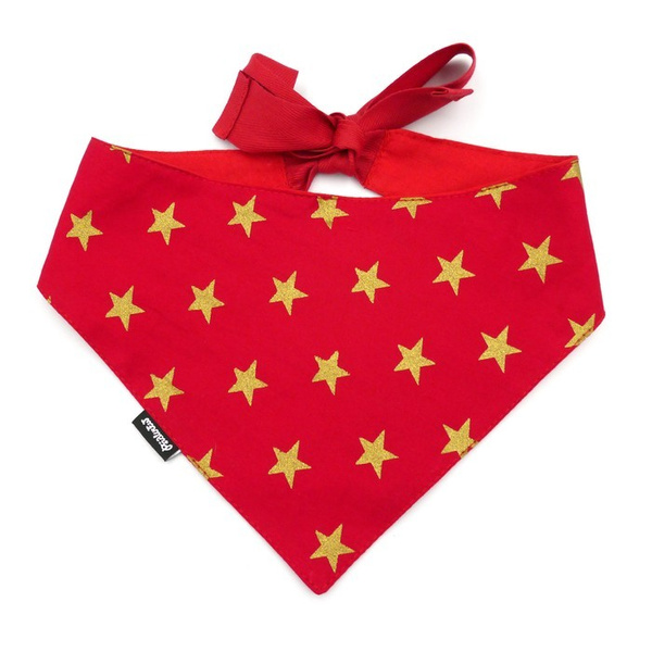 Red Christmas bandana for a dog with golden stars, a handkerchief, a scarf for a pet