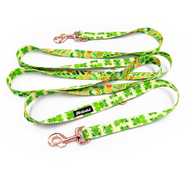 Dog Leash Green Frogs width 2.5 cm, 1" wide, pink gold, big snap hook 8 cm