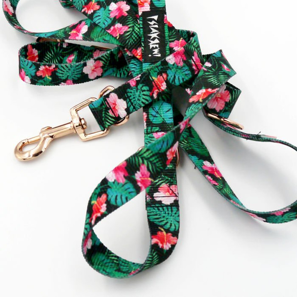 Leash for micro and small Dog; Tropical Monstera; adjustable; 2 cm wide, pink gold snap hook 6 cm