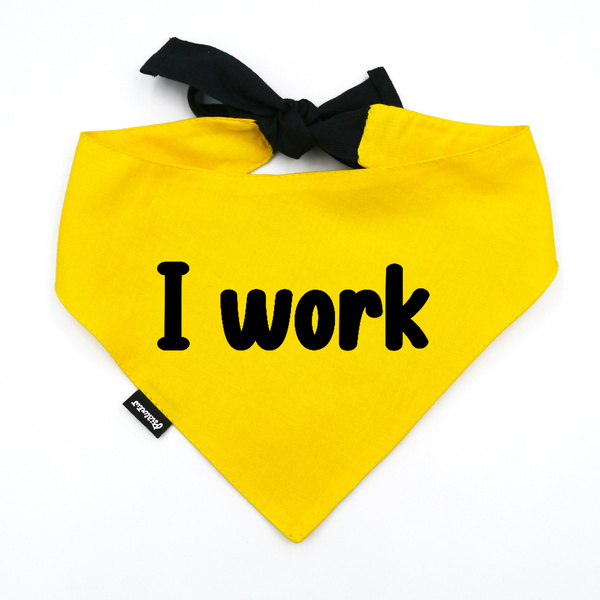 Bandana dla Psa - PRACUJĘ - Psiakrew, personalizowana wiązana chusteczka, żółta apaszka