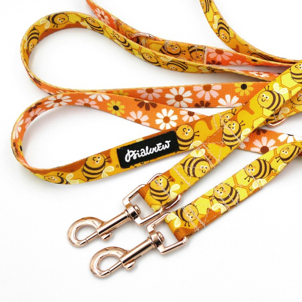 Long Dog Leash Busy Bees width 2 cm (0.78") wide, rose gold snap hook 6 cm