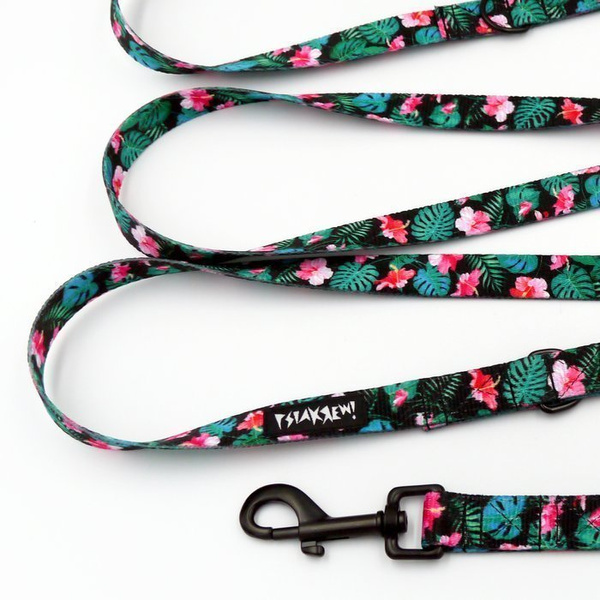 Dog Leash Tropical Monstera width 2.cm, (0.78") wide, black snap hook 7 cm