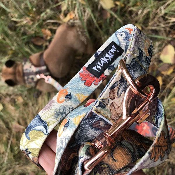 Dog Leash Forest Treasures width 2.5 cm, 1"  wide, pink gold, big snap hook 8 cm