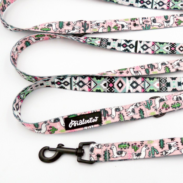Long Dog Leash Llama Pink, width 2 cm (0.78") wide, black snap hook 6 cm