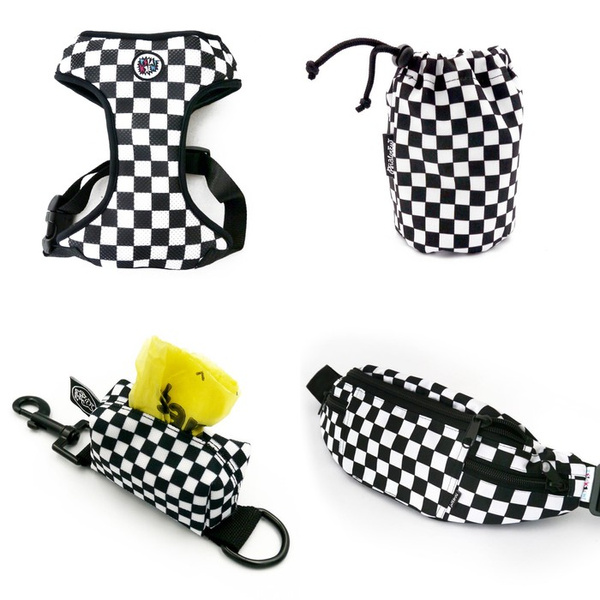 DOG ACCESSORY KIT. Psiakrew Checker Series; Dog Harness, Sachet, Pouch, Hip Bag