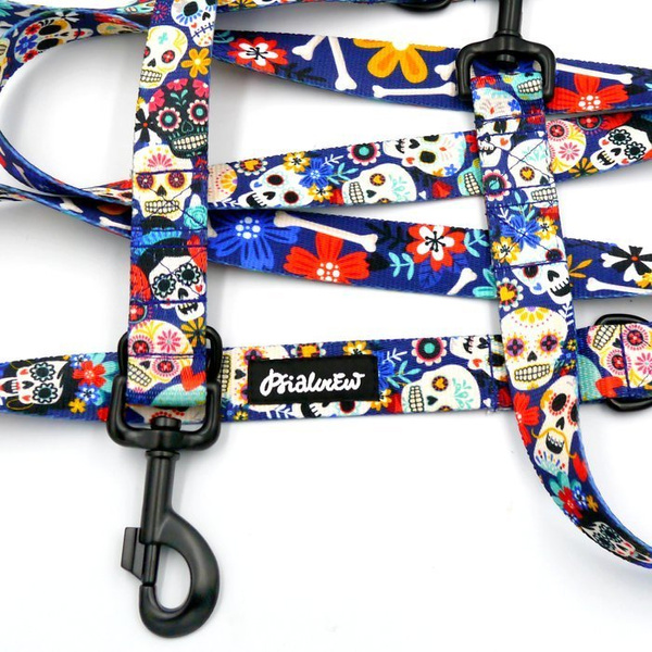 Dog Leash Día de los Muertos width 2.5 cm, 1" wide, snap hook black 8cm