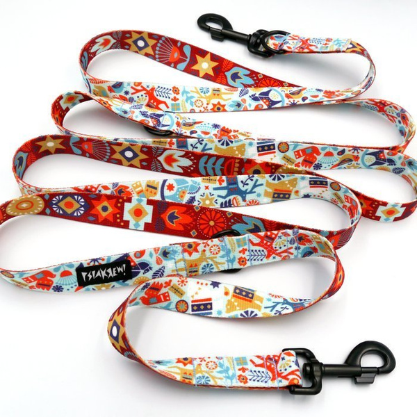 Dog Leash Winter Folk width 2.5 cm, 1" wide, big black snap hook 8 cm