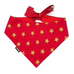 Red Christmas bandana for a dog with golden stars, a handkerchief, a scarf for a pet