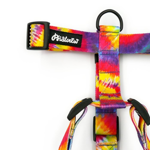 Hundegeschirr Tie Dye Psiakrew, mittlere und größere Hunde, 2,5 cm Gurtband, schwarze Beschläge
