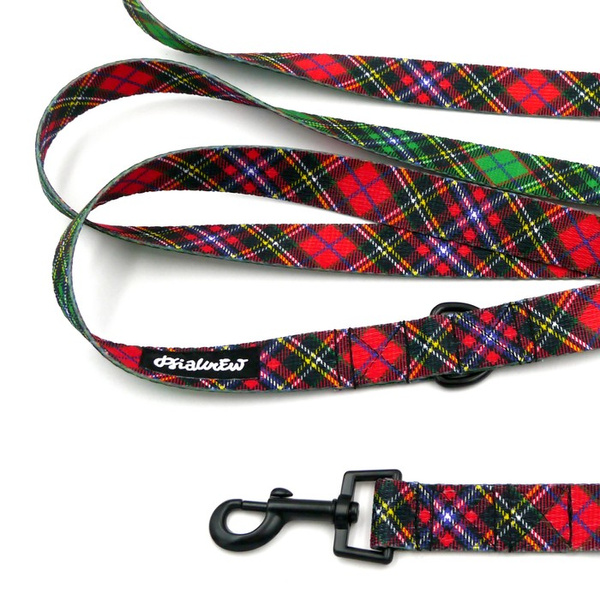 Smycz Dla Psa Przepinana w szkocką kratę Tartan Psiakrew, 2,5 cm, karabińczyk 6cm czarny