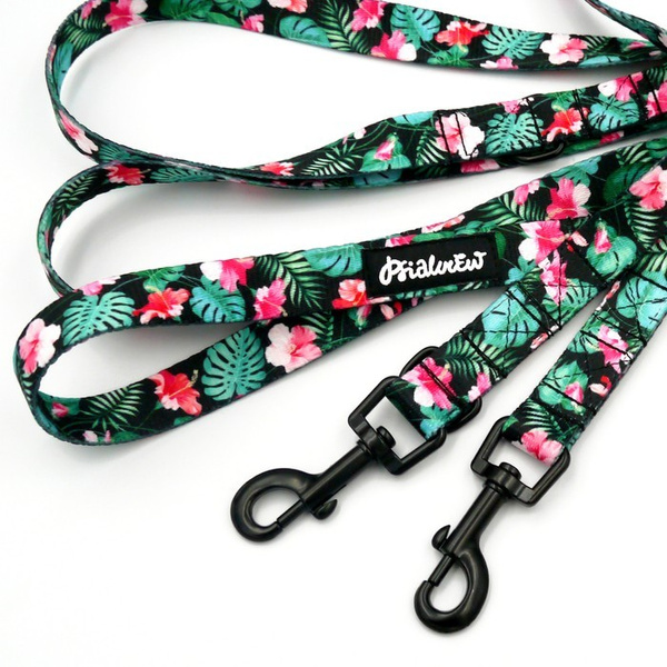 Long Dog Leash Tropical Monstera Psiakrew width 2 cm (0.78"), black snap hook 6 cm