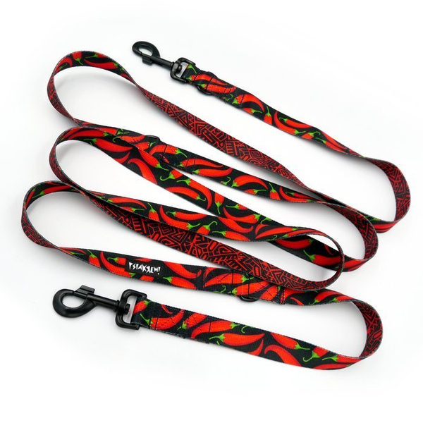 Długa Smycz Dla Psa Przepinana Regulowana Red Hot Chili 2,5 cm, czarny karabińczyk 8cm