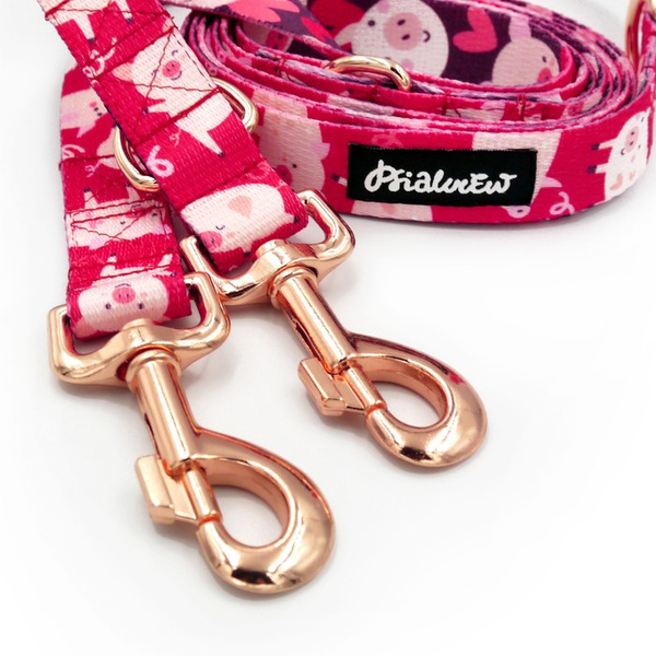 Dog Leash Piggy in Love Psiakrew width 2.5 cm, 1" wide. pink gold, big snap hook 8 cm