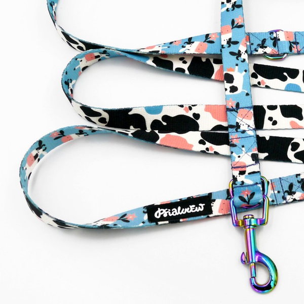 Long Dog Leash Spotted Cow Psiakrew width 2 cm (0.78") wide, holo snap hook 6 cm