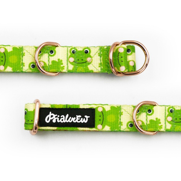 Half-Choke-Halsband Green Frogs, 2 cm breit, für kleine Hunde, goldene Accessoires